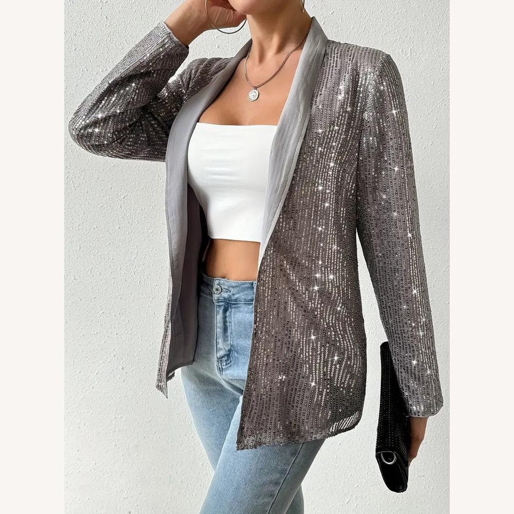 Blazer Femme Léger à Sequins Gris – Élégant et Chic pour Soirées Festives, Coupe Structurée, Disponible en S, M, L, XL