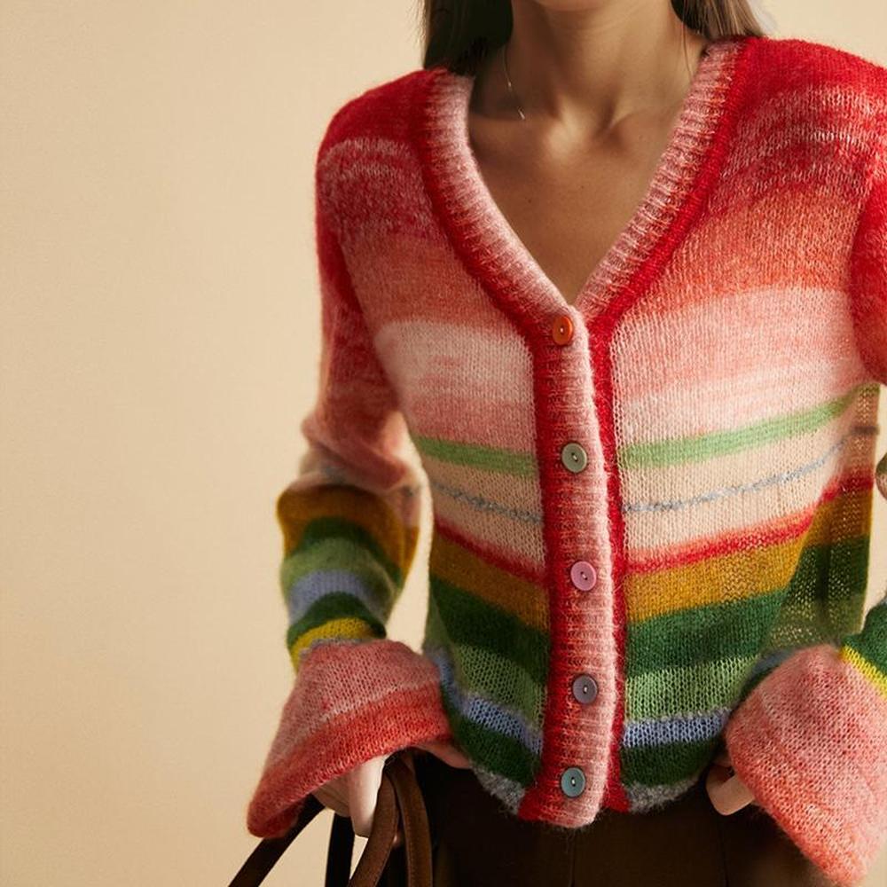 Gilet Sans Manche Femme Rayé Multicolore en Mohair – Col en V Décontracté et Confortable