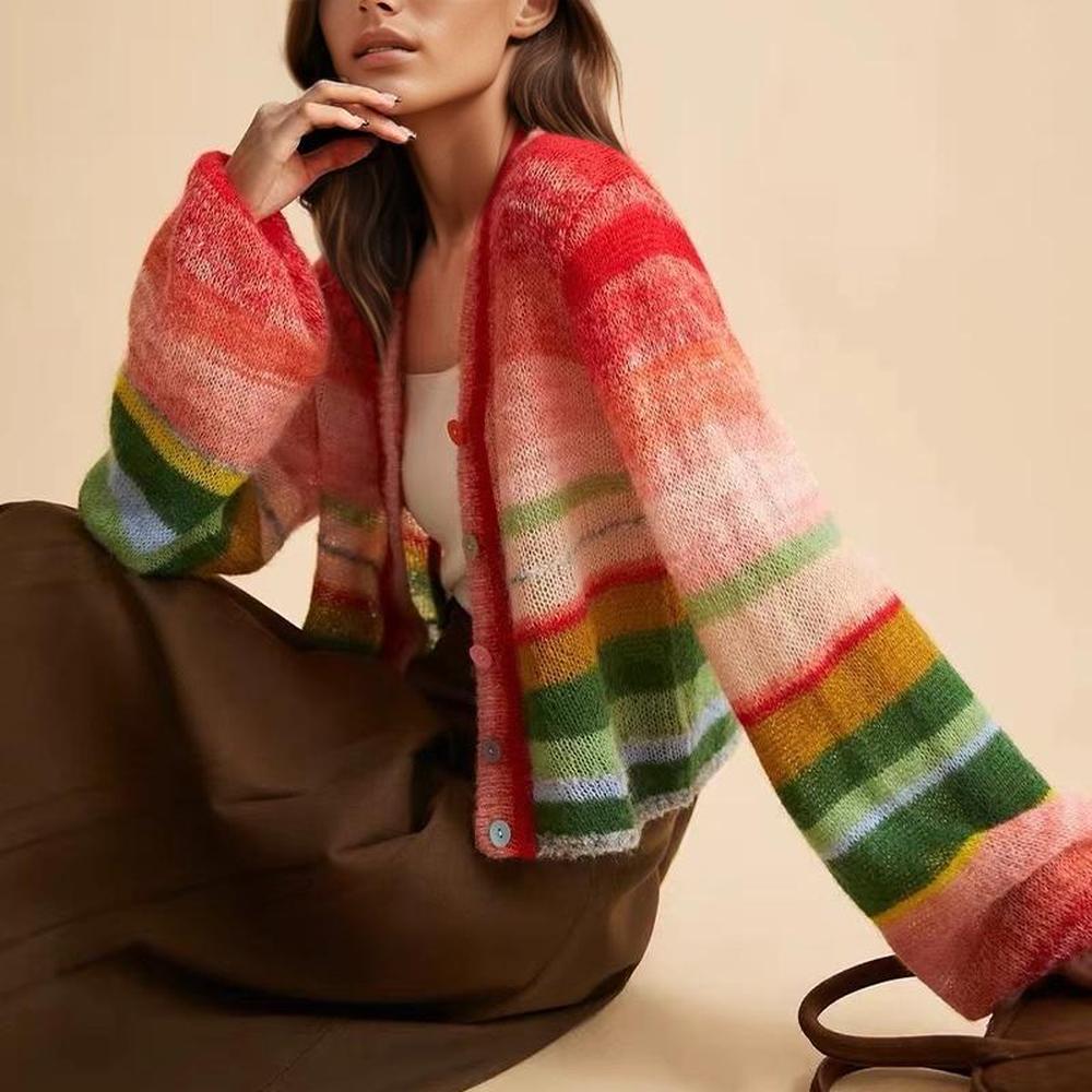 Gilet Sans Manche Femme Rayé Multicolore en Mohair – Col en V Décontracté et Confortable