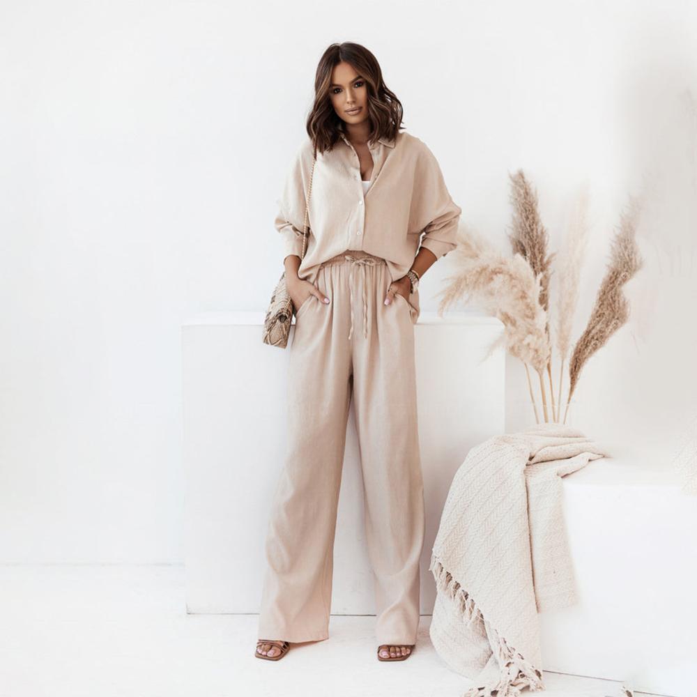 Ensemble Tailleur Femme en Lin – Chemise Fluide et Pantalon Large Taille Haute, Style Décontracté et Chic