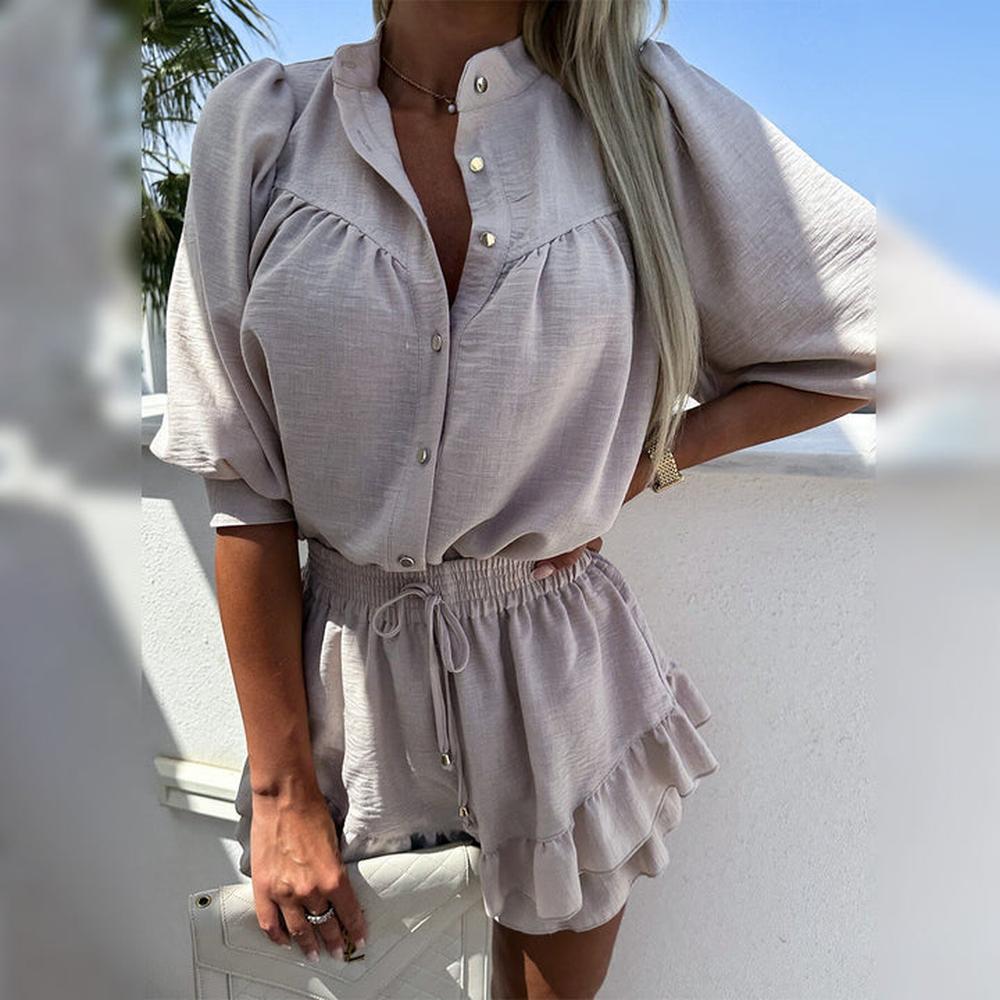 Ensemble d'Été Femme 100% Coton – Blouse Boutonnée et Short à Volants Légers pour Jours Ensoleillés