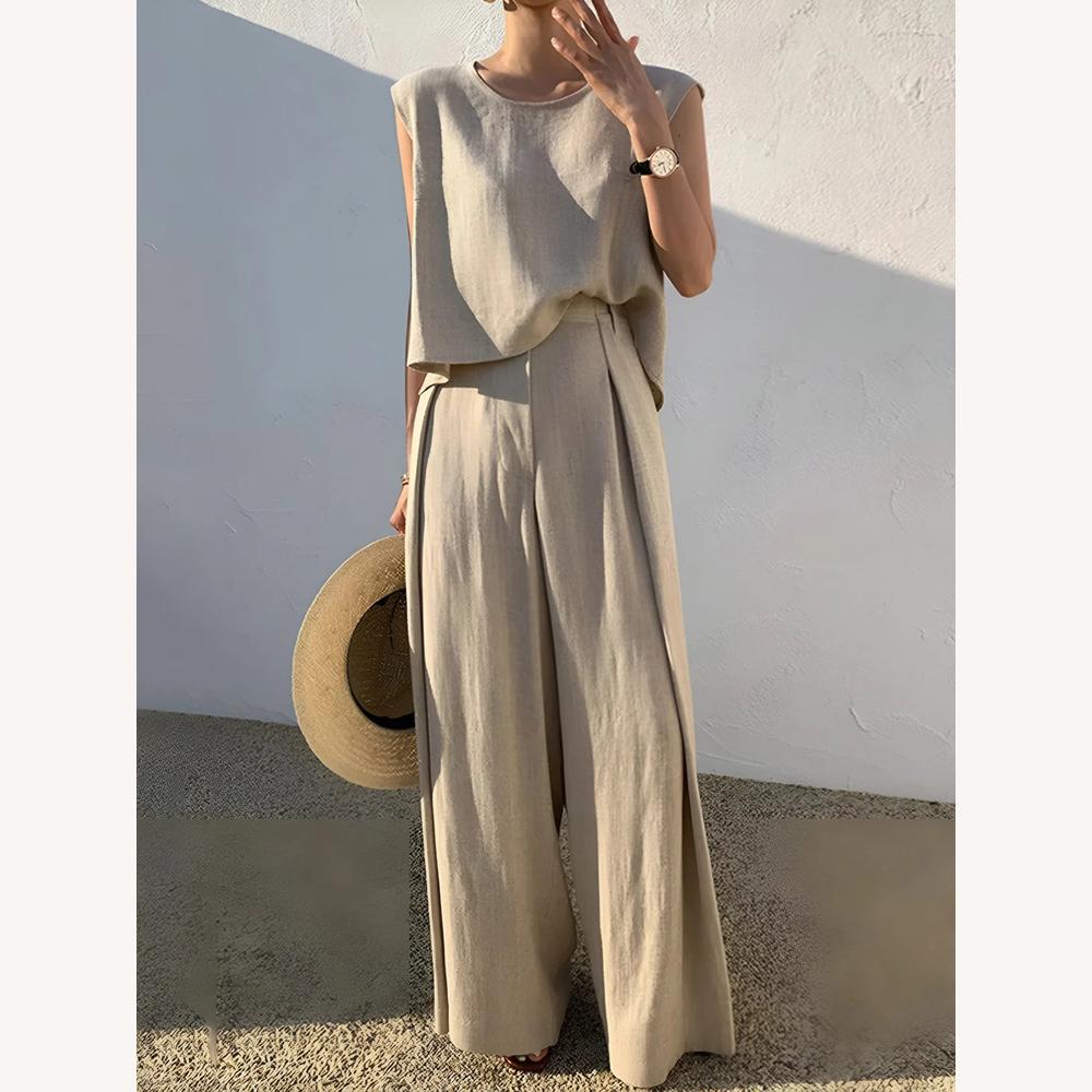 Women's Linen Suit Set – Sleeveless Top and High-Waisted Pants, Chic and Comfortable for Summer