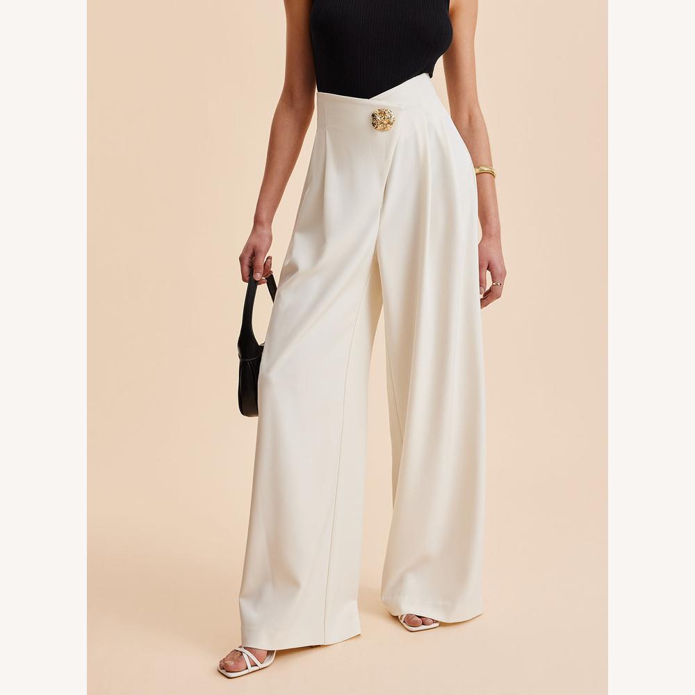 Pantalon Fluide Femme Taille Haute à Jambes Larges Beige avec Boutons Dorés – Élégance et Confort