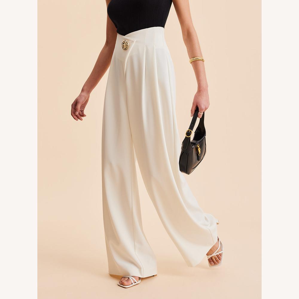 Pantalon Fluide Femme Taille Haute à Jambes Larges Beige avec Boutons Dorés – Élégance et Confort