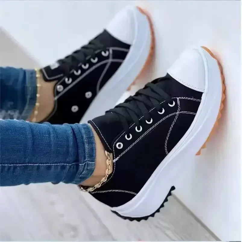 Classic Women's Canvas White Platform Sneakers – Casual Lace-Up Sneakers, Long-Lasting Comfort