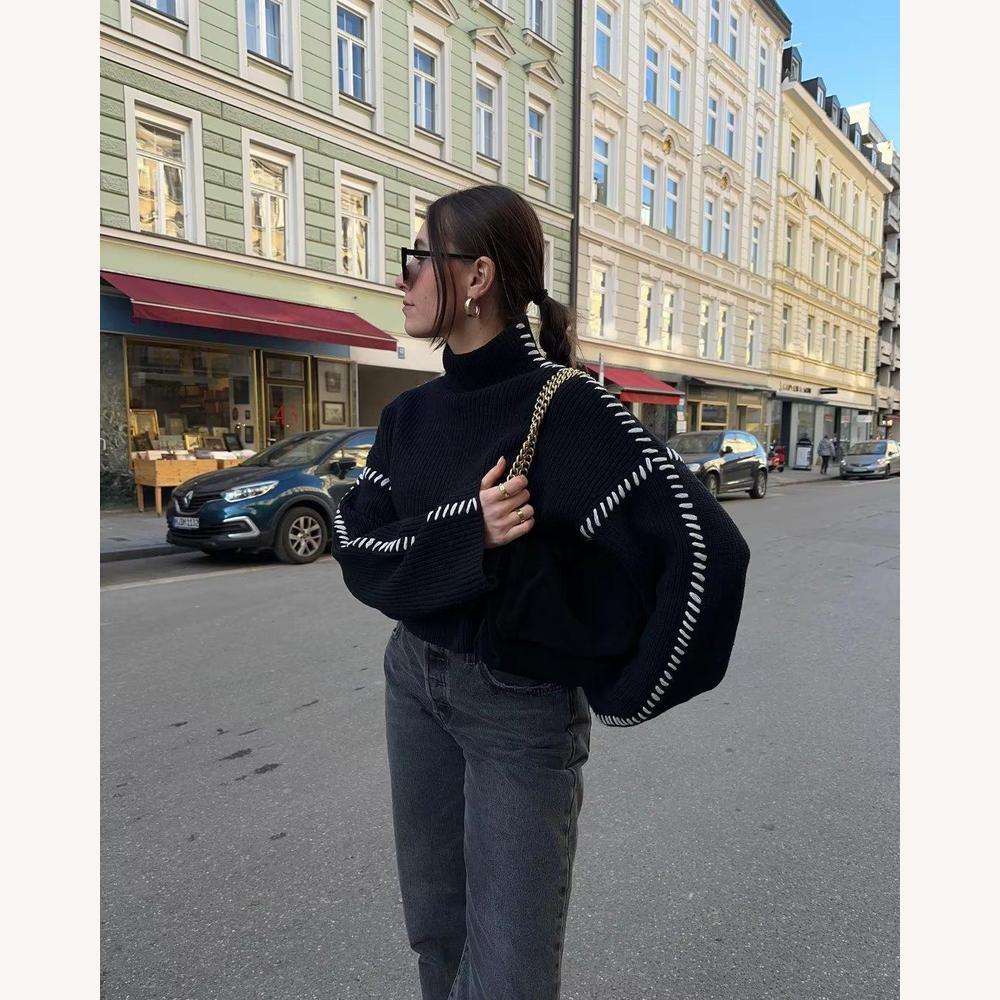 Pull Col Roulé Oversize Femme Noir en Maille Épaisse – Confort Hivernal et Style Chic