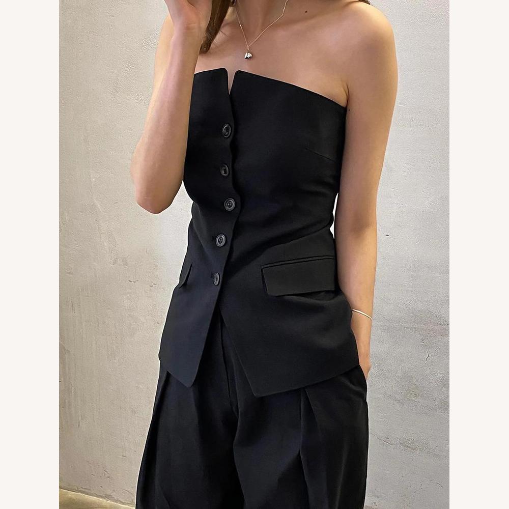 Ensemble Tailleur Femme Chic avec Blazer Sans Bretelles et Pantalon Large Assorti – Élégant et Moderne