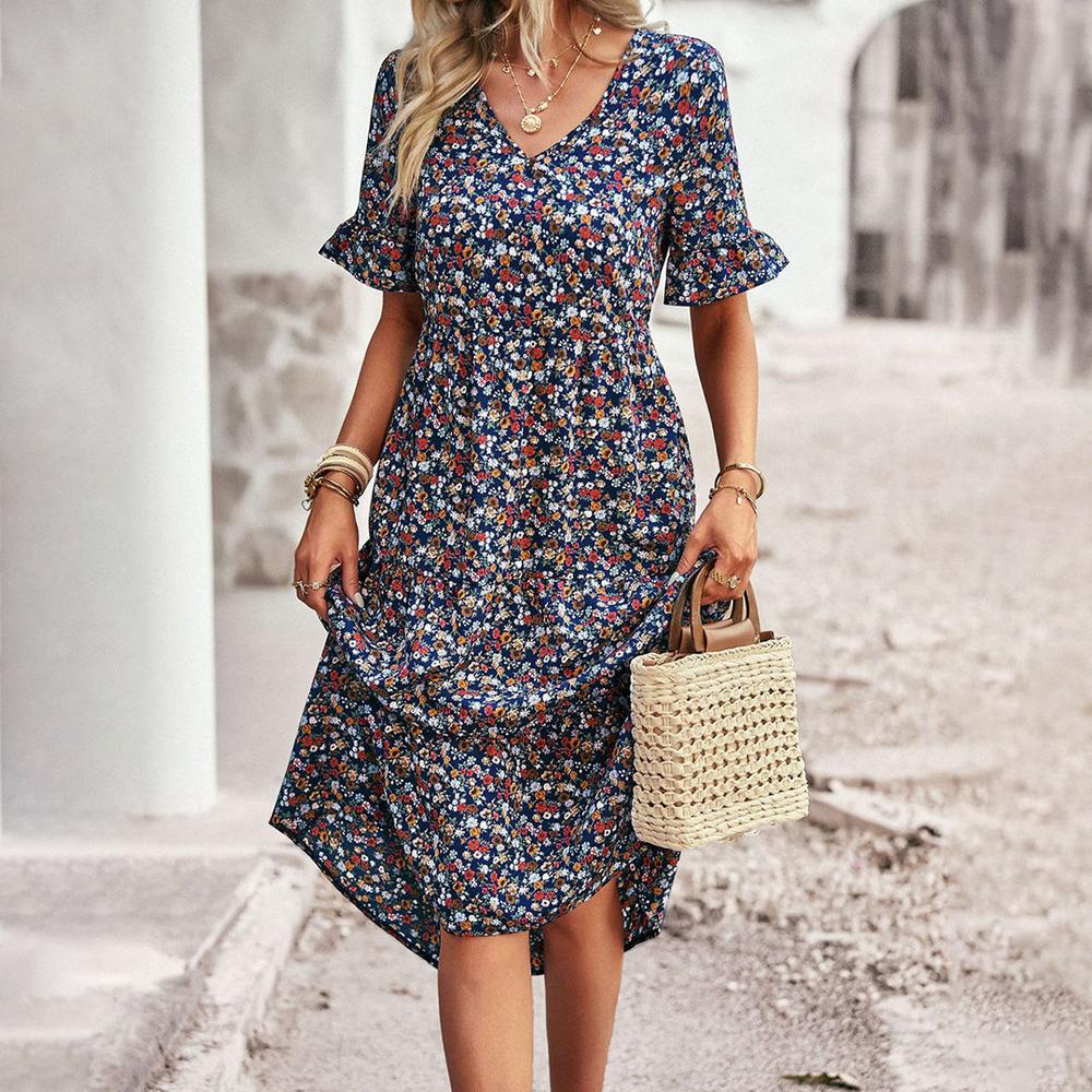 Robe d'Été Fleurie Femme Longue – Élégante en Abricot, Noir, Bleu, Vert et Bleu Royal, Modèle Chic et Polyvalent