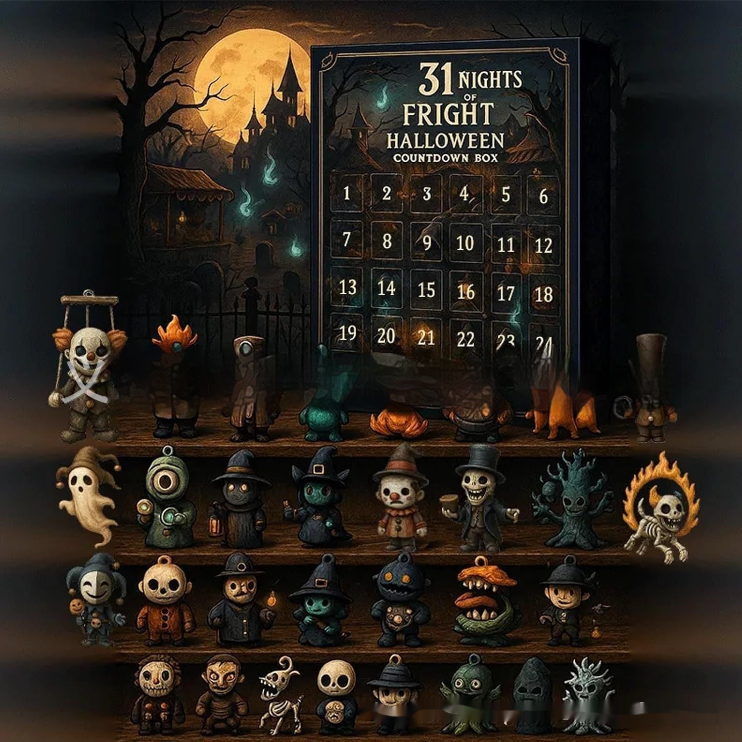 Boîte de Compte à Rebours d'Halloween avec 31 Surprises de Poupées Aveugles en Résine et Plastique