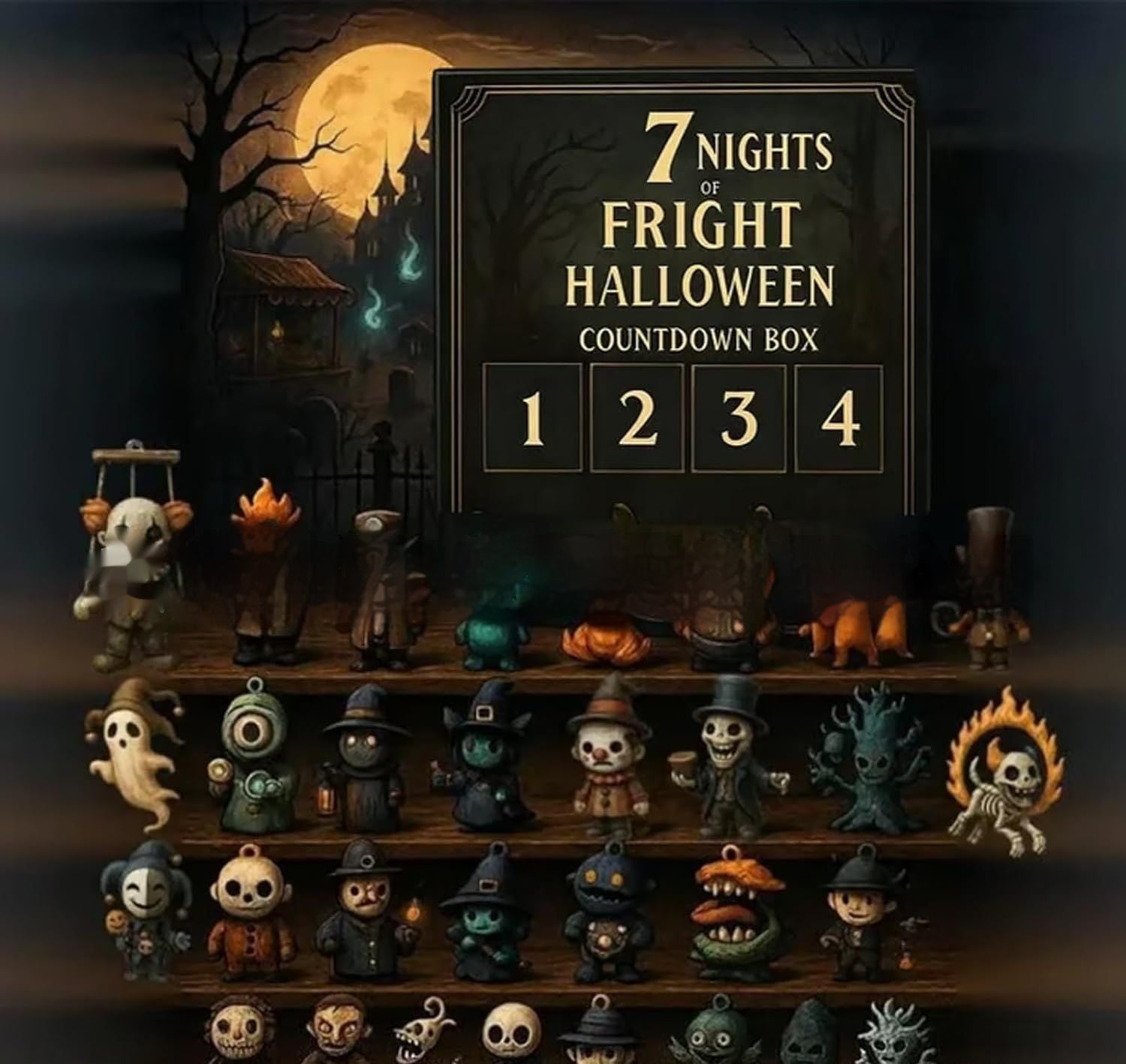 Boîte de Compte à Rebours d'Halloween avec 31 Surprises de Poupées Aveugles en Résine et Plastique