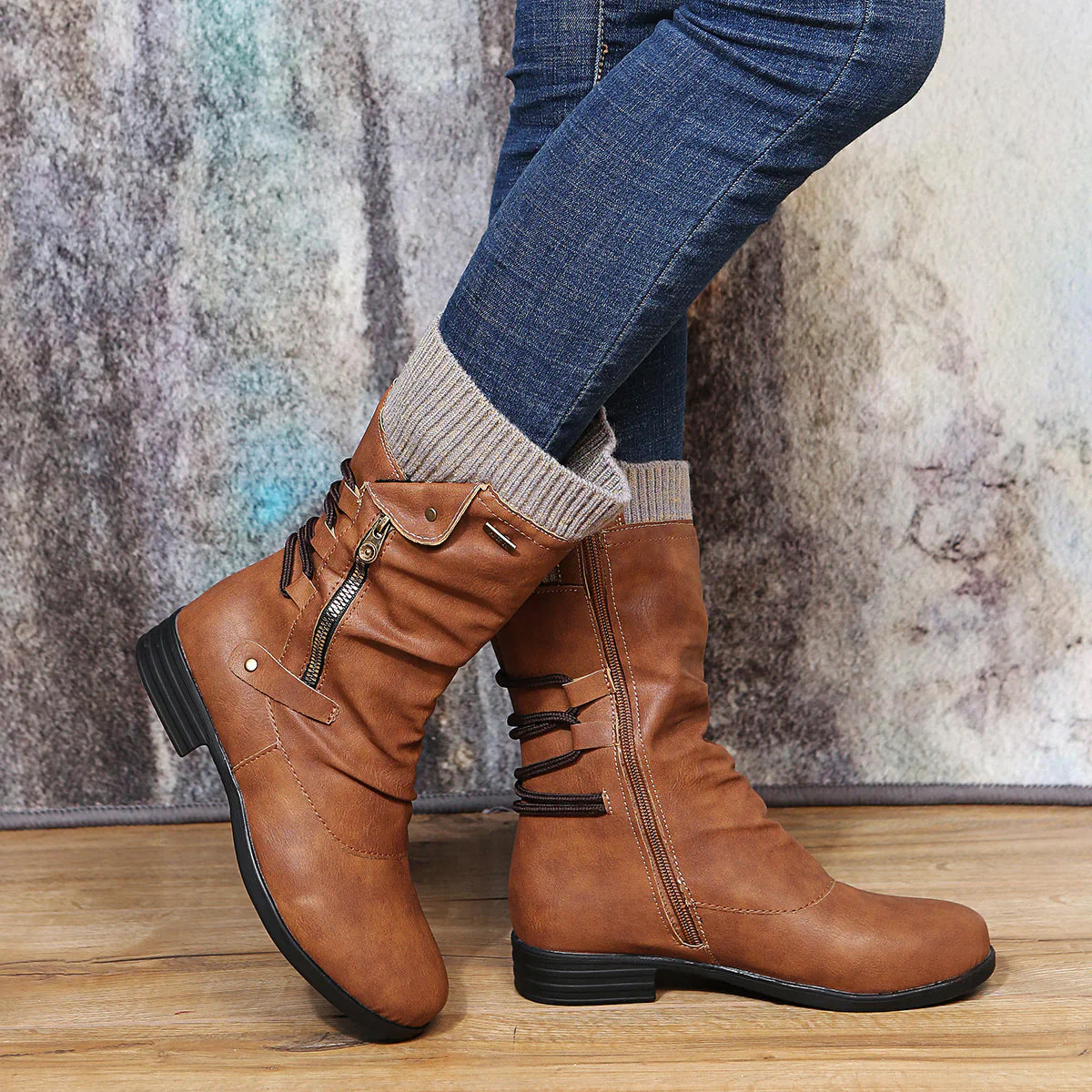 Bottes Hiver Femme en Cuir Mi-Mollet avec Doublure Chaude et Talon Bloc Bas - Bottes Noires Femme Confortables 0