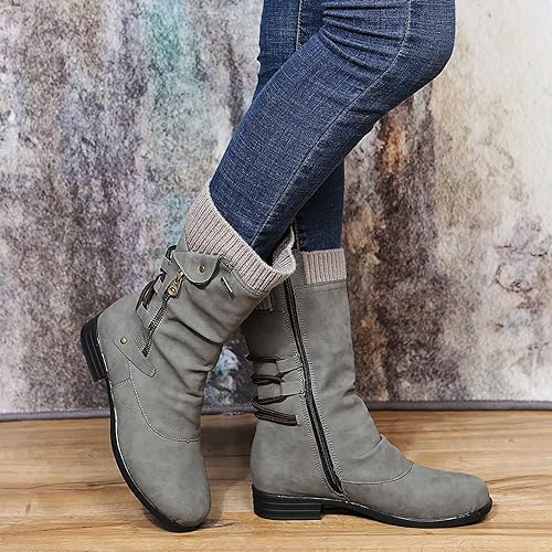 Bottes Hiver Femme en Cuir Mi-Mollet avec Doublure Chaude et Talon Bloc Bas - Bottes Noires Femme Confortables 1