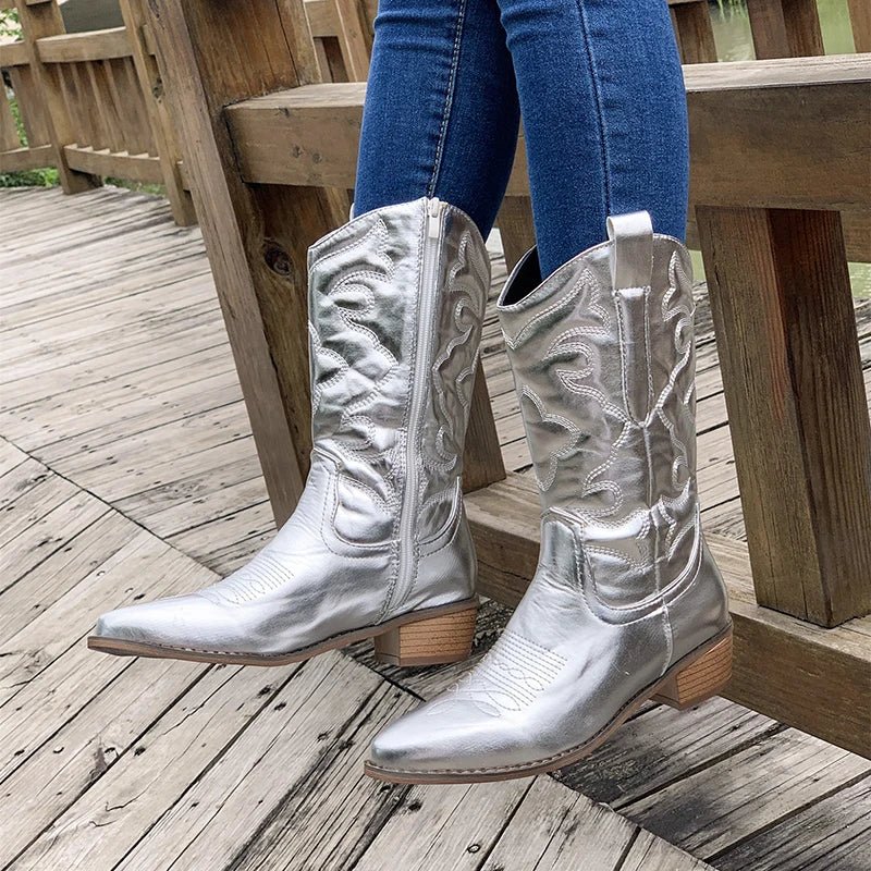 Bottes Mi-Mollet en Similicuir Noires Femme avec Détails Brodés – Confort et Style Décontracté 2