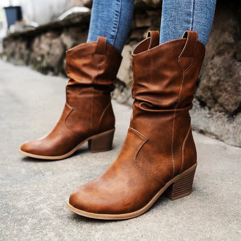 Bottes Western Mi-Mollet en Similicuir Souple pour Femmes - Confort et Style 2