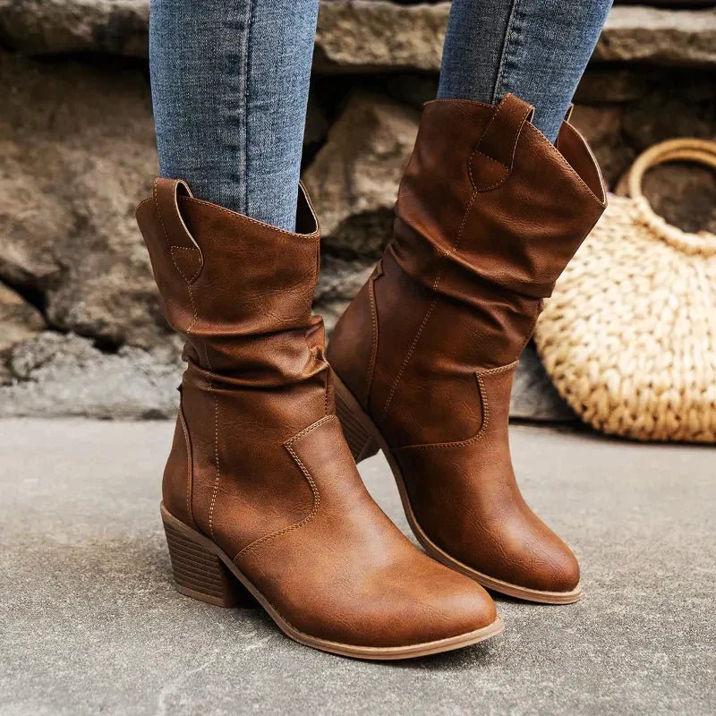 Bottes Western Mi-Mollet en Similicuir Souple pour Femmes - Confort et Style 4