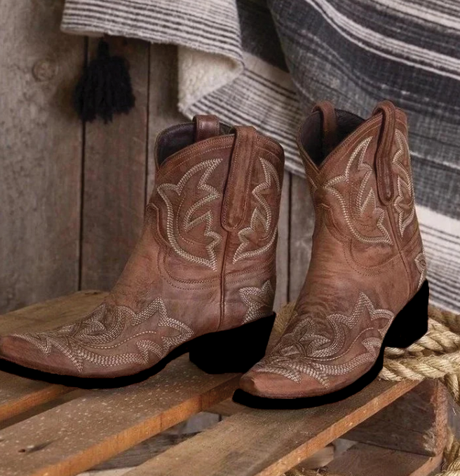 Bottes Western en Cuir pour Femmes Mi-Mollet Élégantes et Confortables - Bottes Noires Femme avec Détails Brodés 0