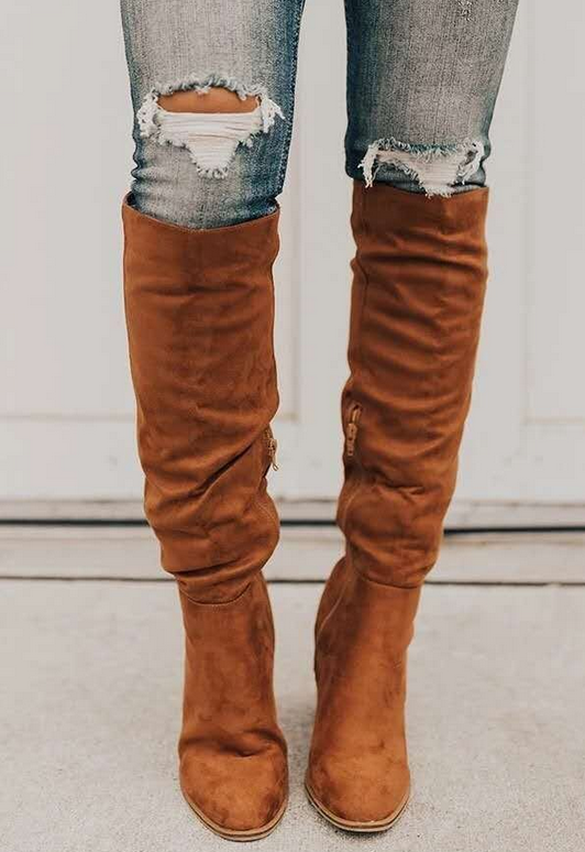 Bottes au Genou en Faux Suède pour Femmes avec Talon Bloc – Confort et Style 1