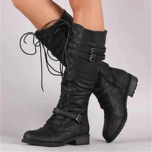 Bottes au Genou en Similicuir avec Laçage et Boucles – Confort et Style Urbain 0