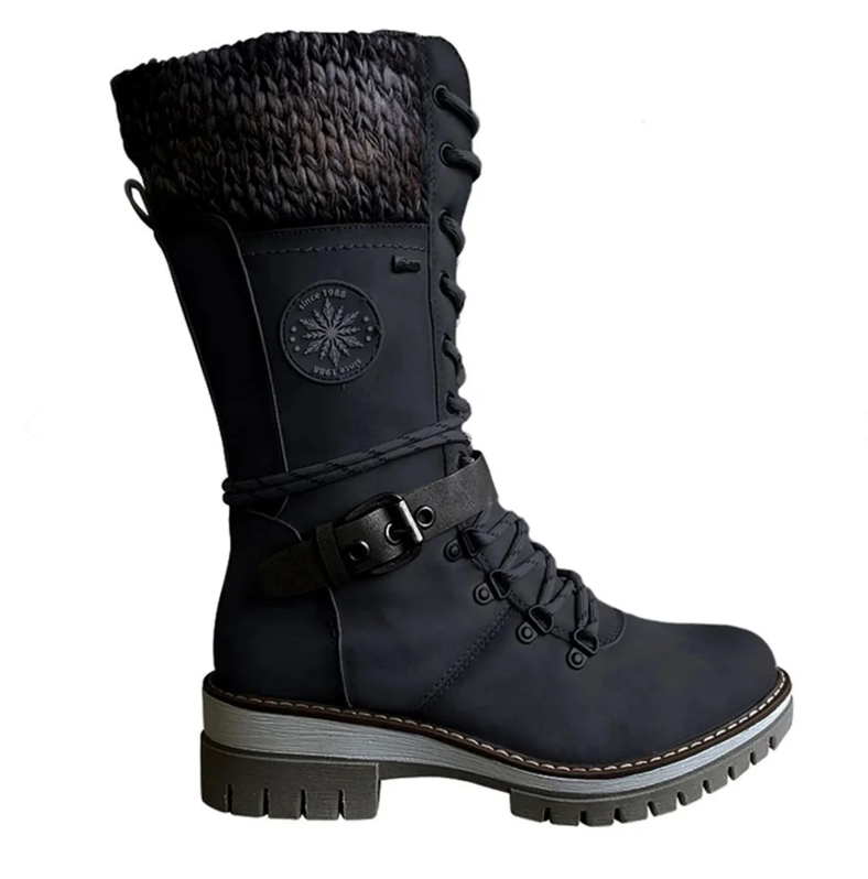 Bottes d'Hiver à Lacets pour Femmes avec Col en Tricot et Semelle Crantée - Simili Cuir 3