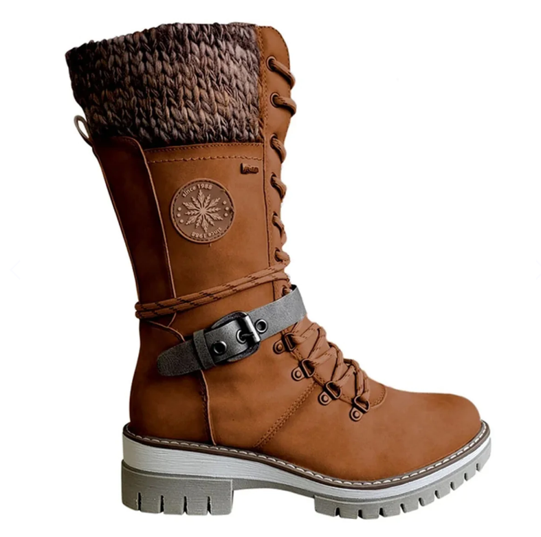 Bottes d'Hiver à Lacets pour Femmes avec Col en Tricot et Semelle Crantée - Simili Cuir 4