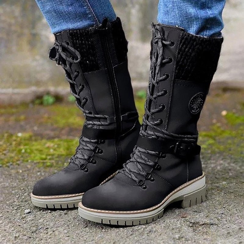 Bottes d'Hiver à Lacets pour Femmes avec Col en Tricot et Semelle Crantée - Simili Cuir 6