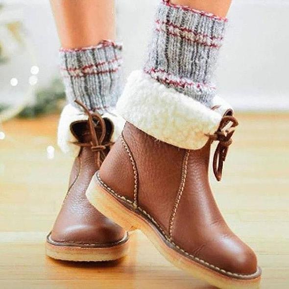 Bottes d'hiver en cuir pour femmes avec revers en fourrure et semelle en caoutchouc 5