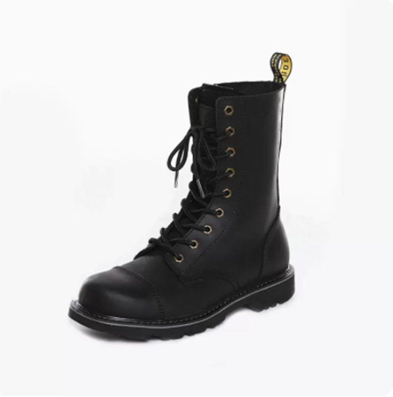 Bottes de Moto en Cuir pour Hommes avec Lacets Hauts et Semelle en Caoutchouc