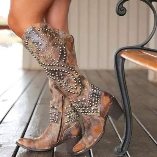 Bottes hautes en cuir clouté pour femmes – Style western moderne 0