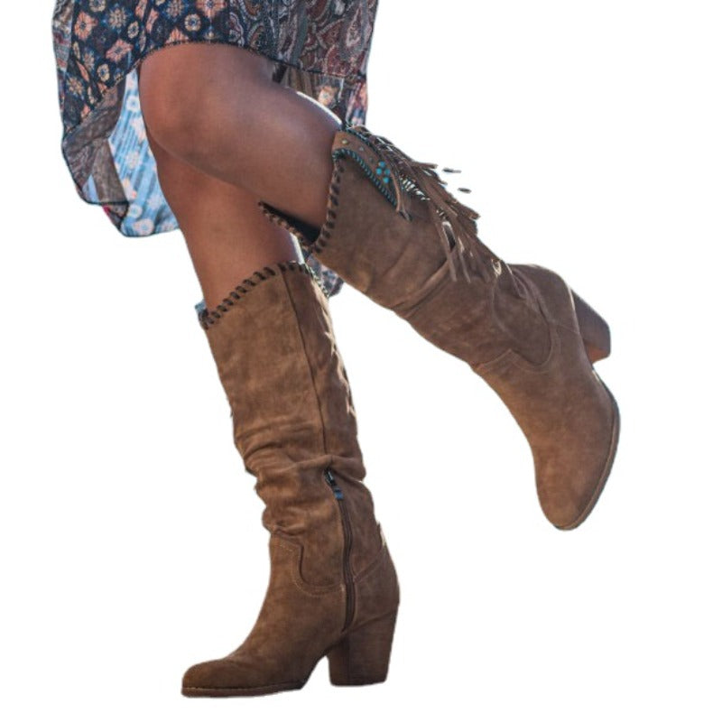 Bottes hautes en suède avec franges et détails turquoise pour femmes 1
