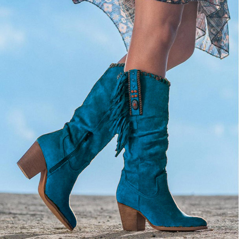 Bottes hautes en suède avec franges et détails turquoise pour femmes 4