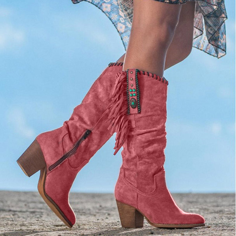 Bottes hautes en suède avec franges et détails turquoise pour femmes 6