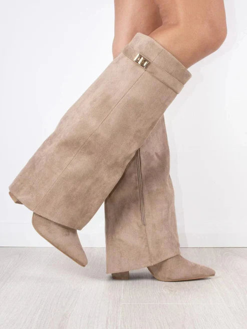 Bottes hautes en suède pour femmes avec bout pointu et talon carré 0