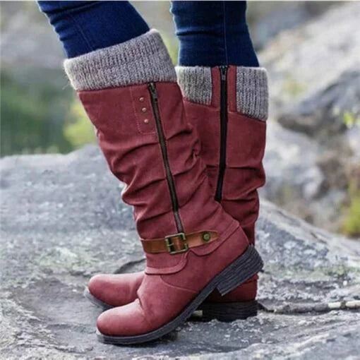 Bottes hautes pour femmes avec tige en daim synthétique et revers en tricot - Confort et style 1
