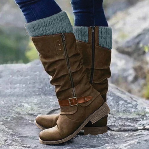 Bottes hautes pour femmes avec tige en daim synthétique et revers en tricot - Confort et style 2