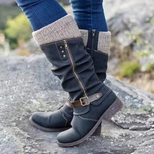 Bottes hautes pour femmes avec tige en daim synthétique et revers en tricot - Confort et style 3