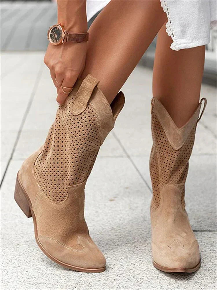 Bottines Western Femme Noires en Similicuir Perforé – Confort et Élégance Mi-Mollet 4