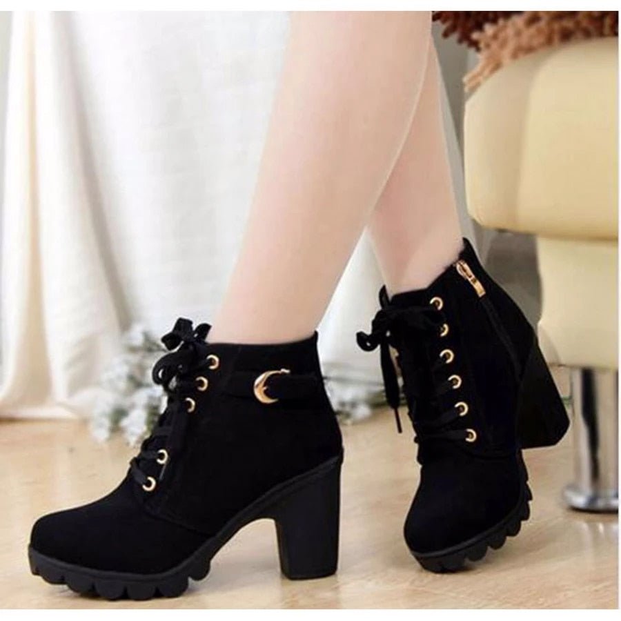 Bottines à lacets en faux suède pour femmes - Talon bloc de 8,5 cm, Semelle crantée 1