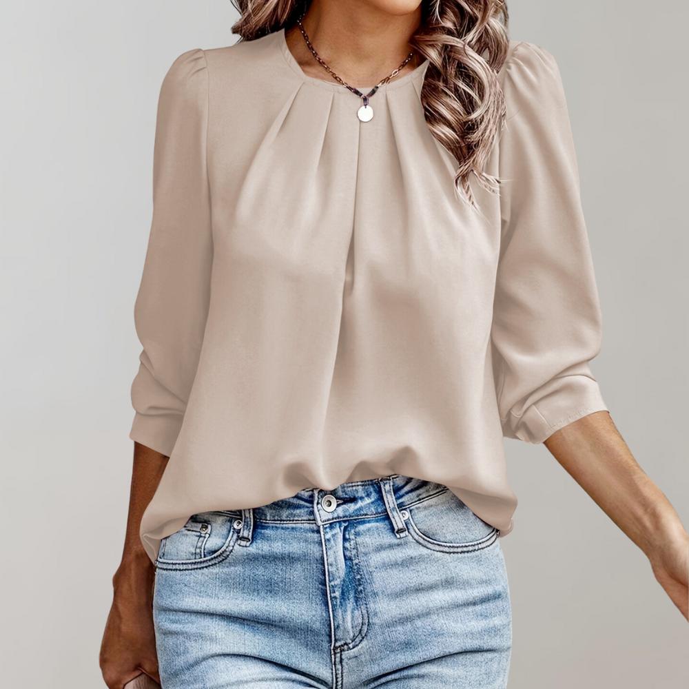 Blouse Femme Plissée Élegante en Tissu Doux – Manches 3/4, Coupe Fluide, Idéale pour le Bureau et Sorties Décontractées