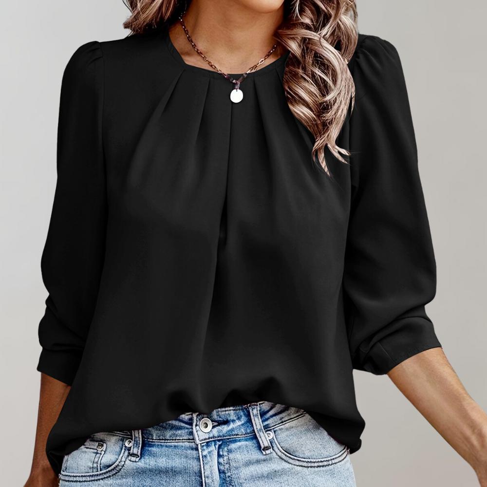 Blouse Femme Plissée Élegante en Tissu Doux – Manches 3/4, Coupe Fluide, Idéale pour le Bureau et Sorties Décontractées