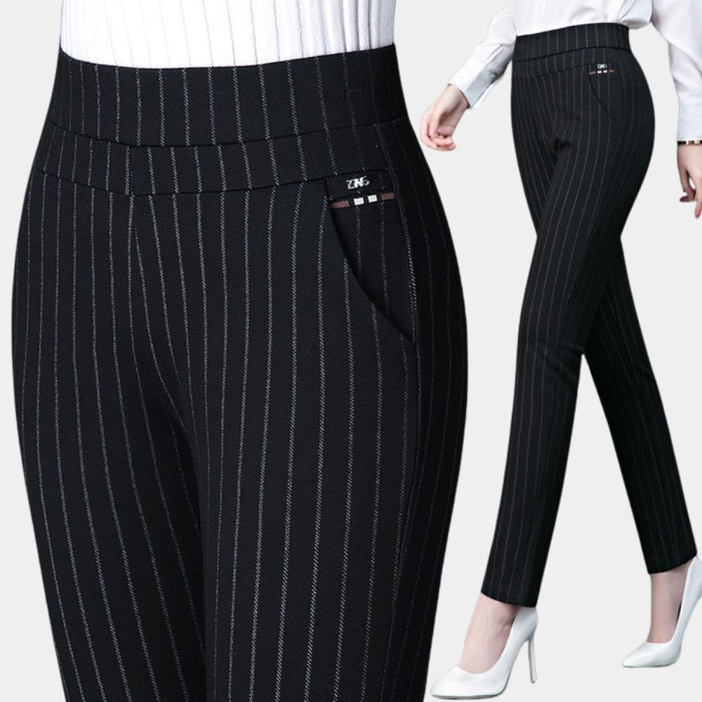 Pantalon Femme Ajusté Extensible Noir et Rayé – Confort Optimal et Élégance pour Toutes Occasions
