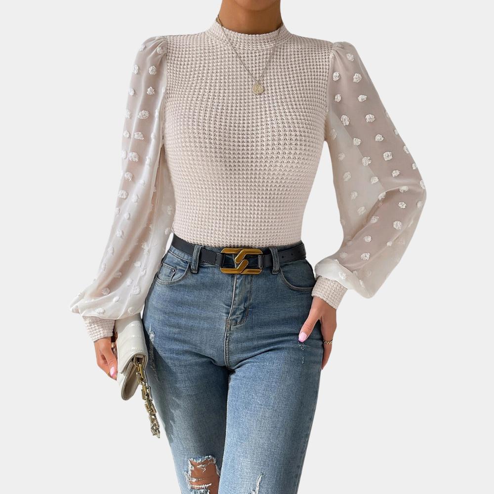 Top en Maille Texturée pour Femmes avec Manches Bouffantes en Tulle Transparent – Élégance Romantique, Ajusté et Confortable