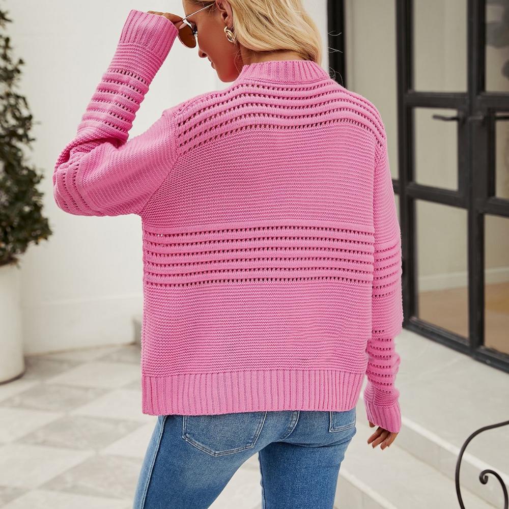 Pull Femme Ajouré Décontracté en Mélange Polyester-Acrylique – Col Rond, Manches Longues, Style Moderne
