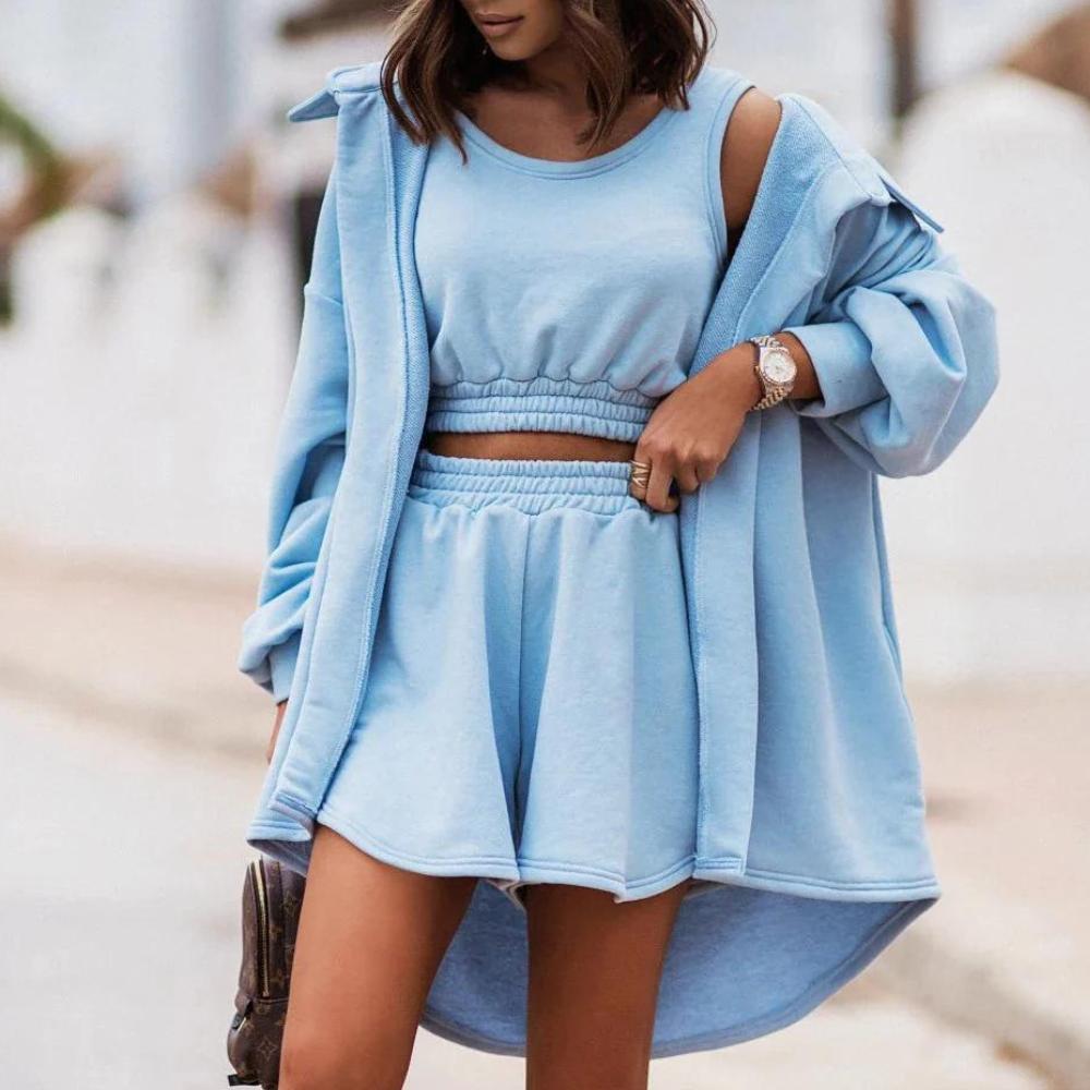Ensemble Femme Décontracté 3 Pièces – Crop Top, Jupe Taille Haute et Surchemise Oversize en Coton-Polyester, Confort et Style