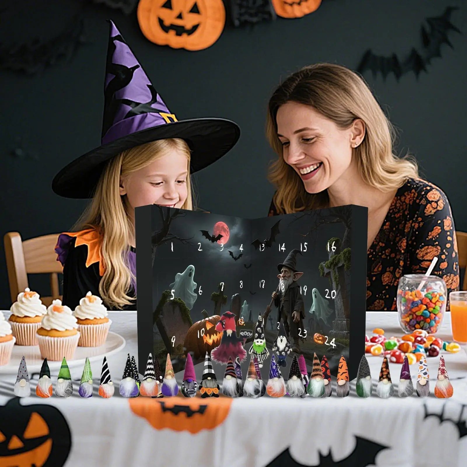 Calendrier de Compte à Rebours Halloween Gnome 24 Jours en Tissu Non Tissé avec Décorations Festives