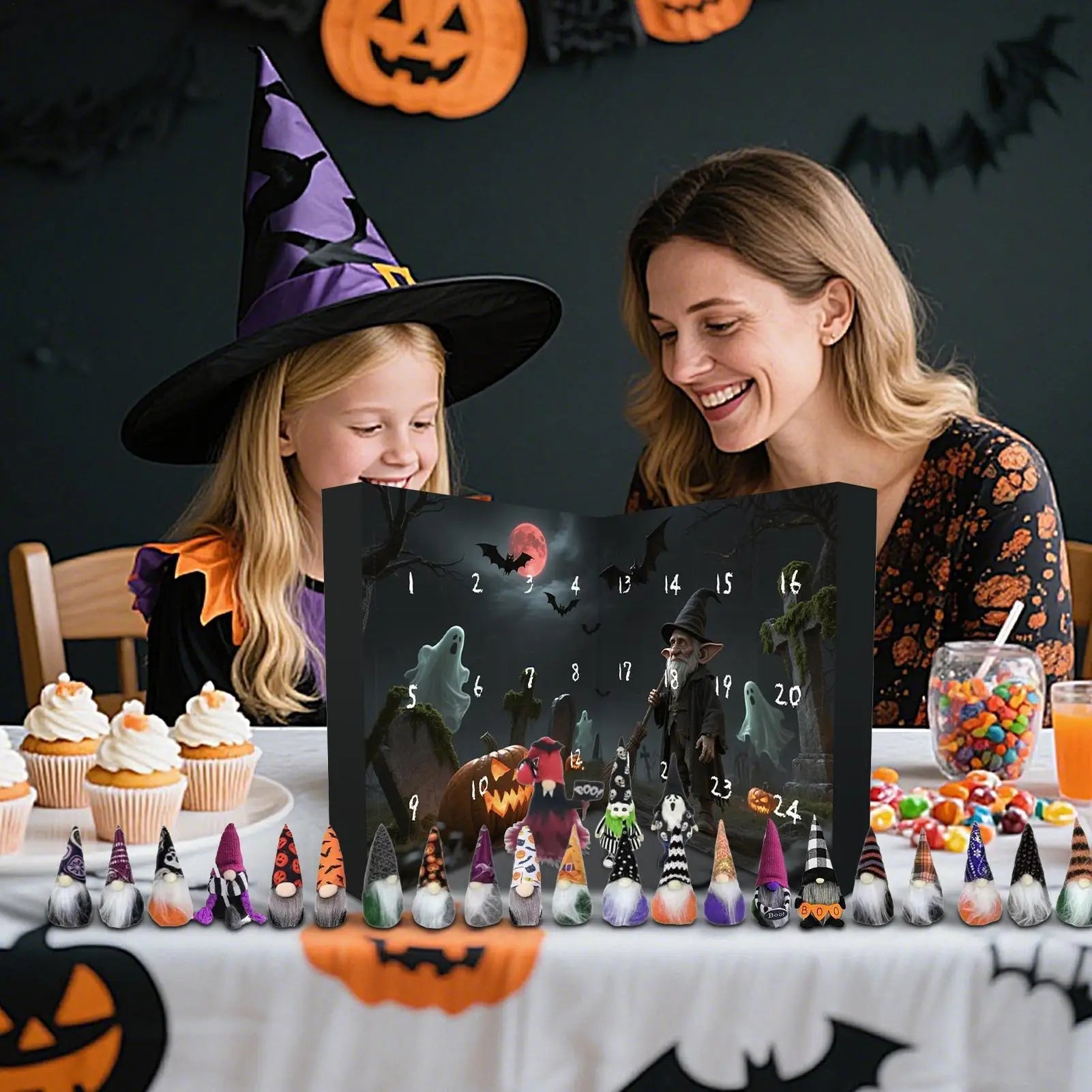 Calendrier de Compte à Rebours Halloween Gnome 24 Jours en Tissu Non Tissé avec Décorations Festives