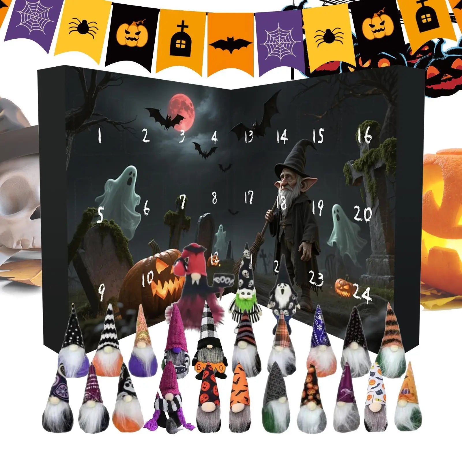 Calendrier de Compte à Rebours Halloween Gnome 24 Jours en Tissu Non Tissé avec Décorations Festives