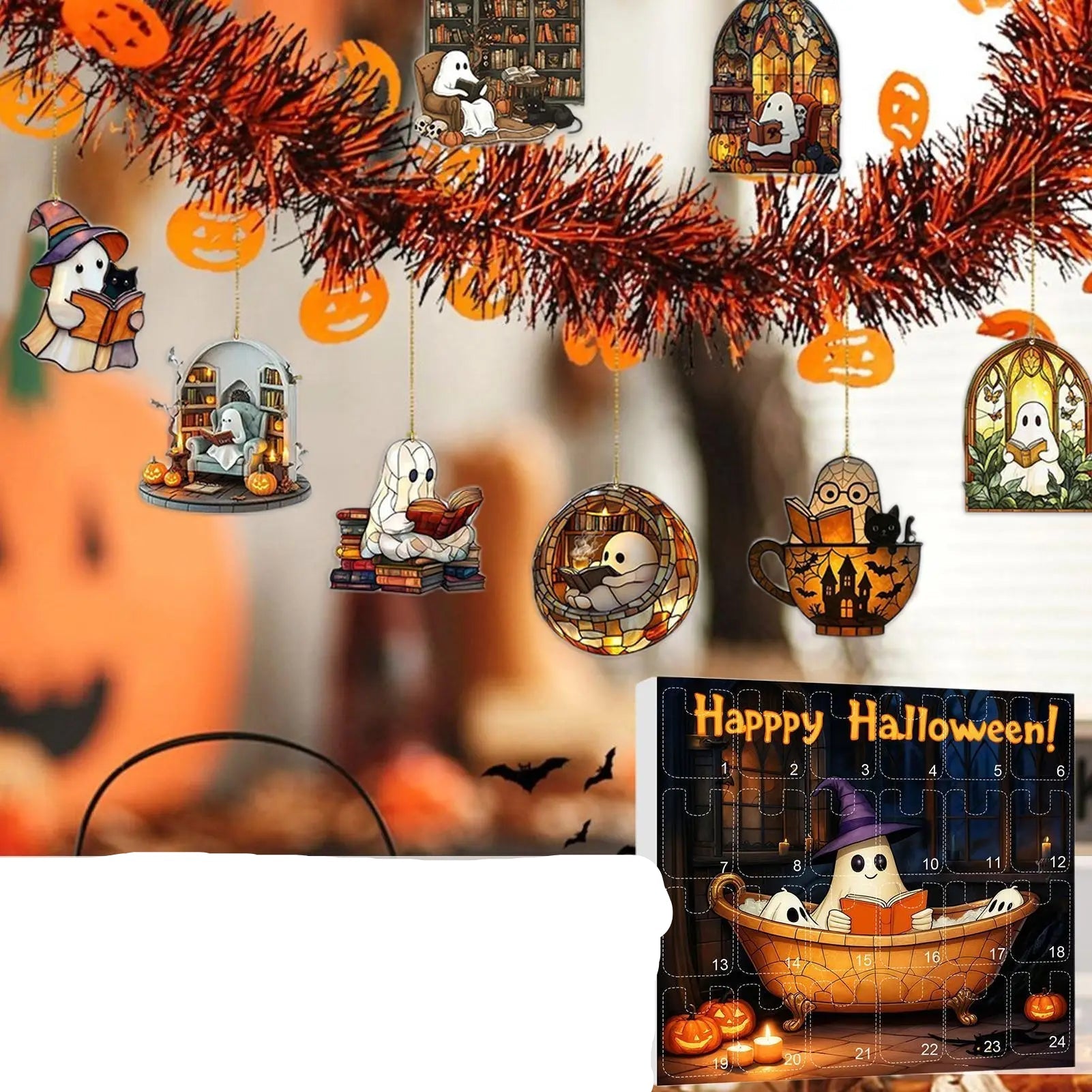 Calendrier de Compte à Rebours Halloween avec 24 Fantômes Acryliques – Décoration Halloween Intérieure et Extérieure