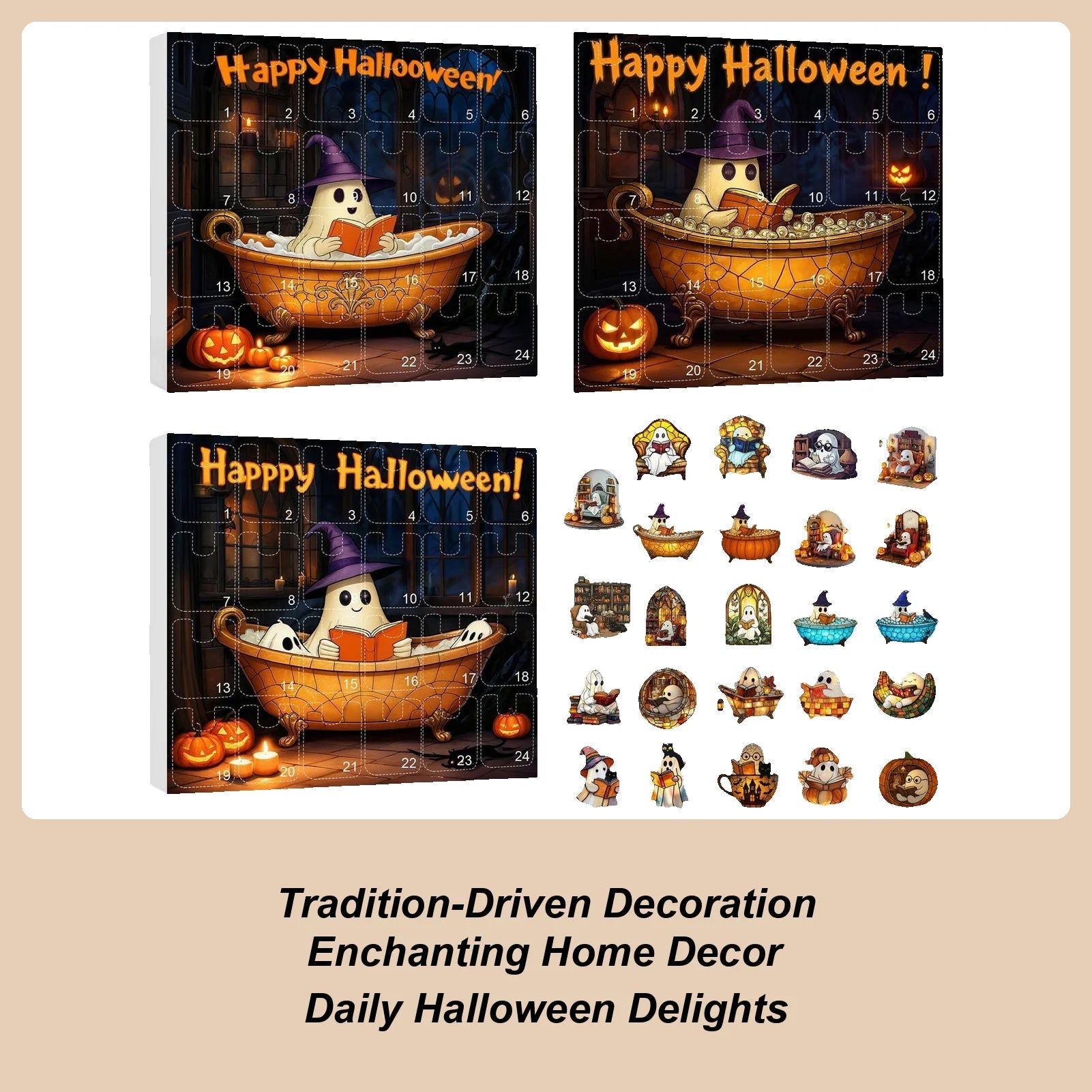 Calendrier de Compte à Rebours Halloween avec 24 Fantômes Acryliques – Décoration Halloween Intérieure et Extérieure