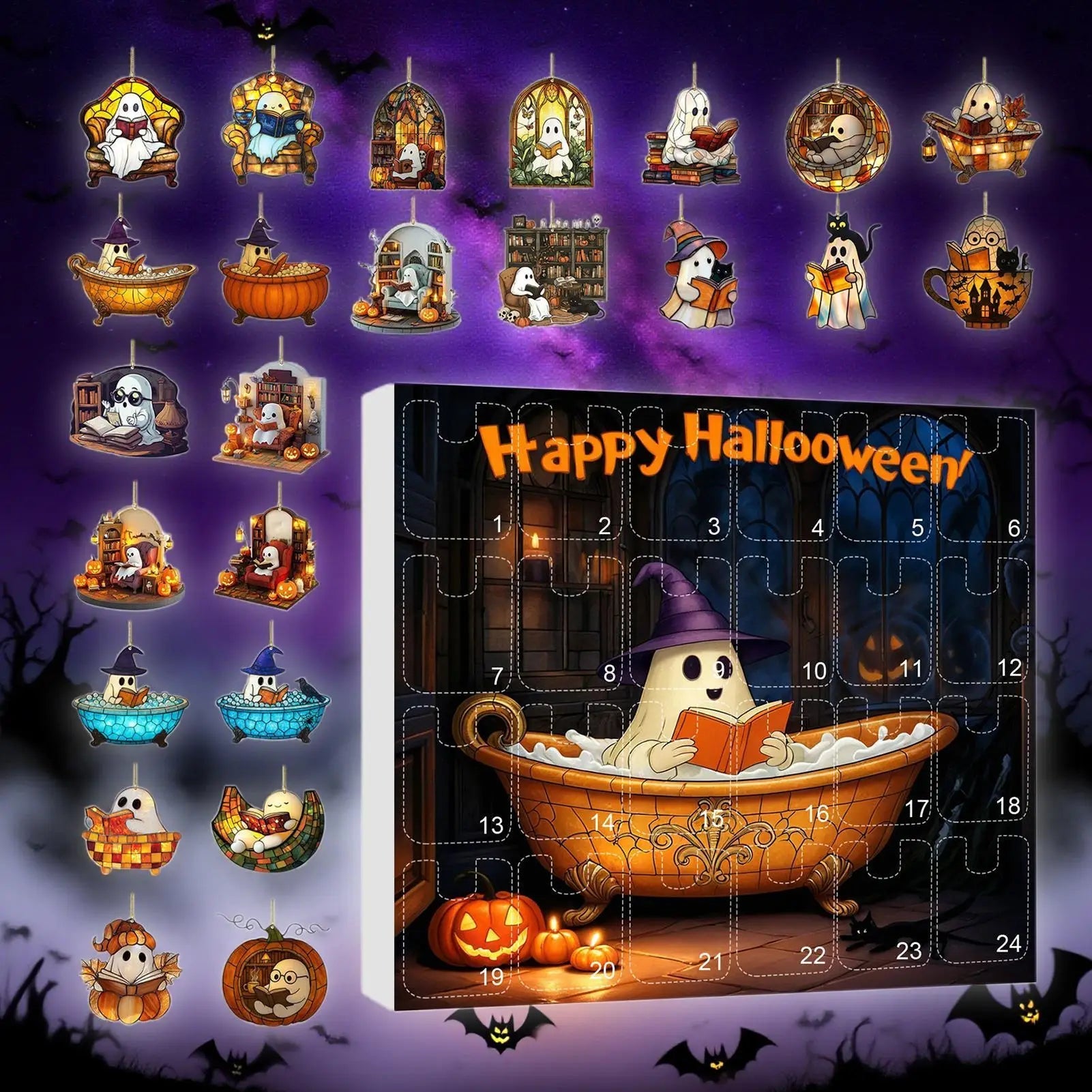 Calendrier de Compte à Rebours Halloween avec 24 Fantômes Acryliques – Décoration Halloween Intérieure et Extérieure