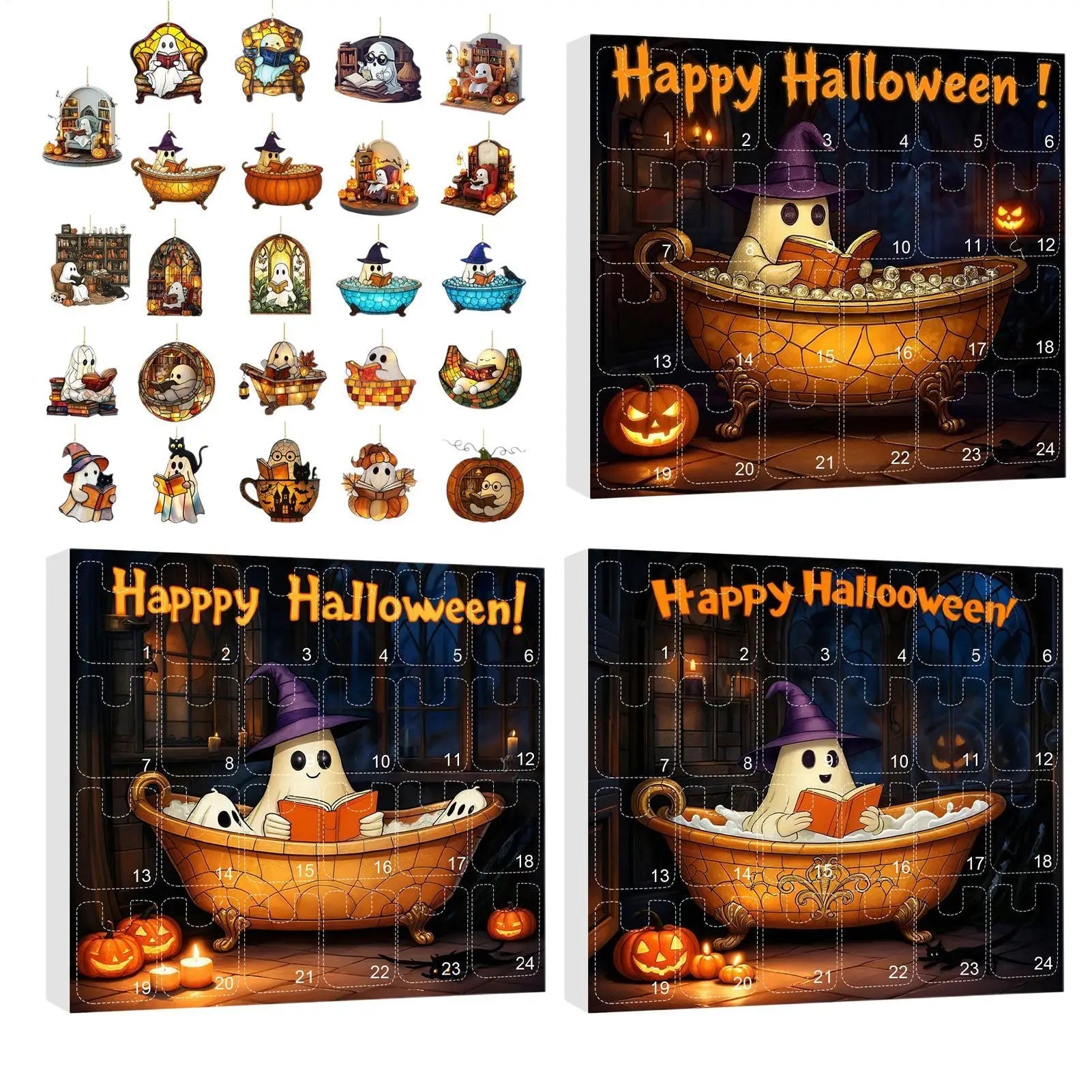 Calendrier de Compte à Rebours Halloween avec 24 Fantômes Acryliques – Décoration Halloween Intérieure et Extérieure